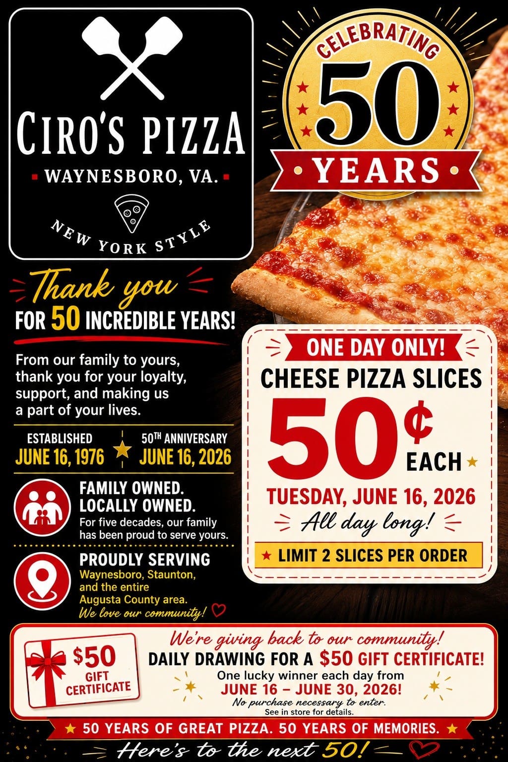 Ciro's Pizza 50th anniversary 50¢ cheese slices